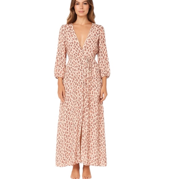 Kivari - NWT Blush Leopard Print Long Sleeves Linen Nadia Maxi Dress Sz 6 - Picture 1 of 8